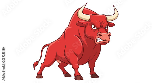 Foto Red cartoon bull with horns standing.
