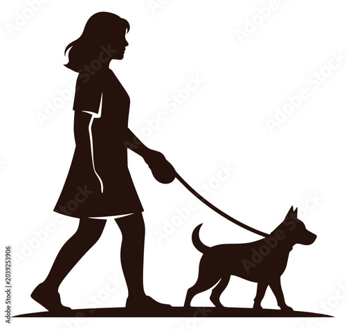 woman walking dog on leash silhouette graphic illustration