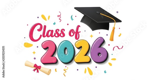 Colorful class of 2026 graduation design with mortarboard cap, diploma, and confetti isolated on white background