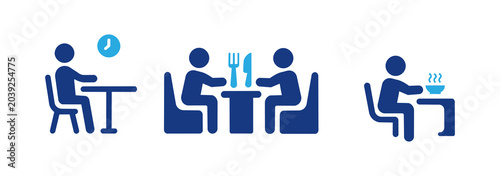 Foto Set of icons of people eating in restaurant, people waiting for food, and people eating, dining table symbol