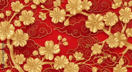 Chinese pattern golden plum blossom flowers and clouds on red background with traditional, oriental