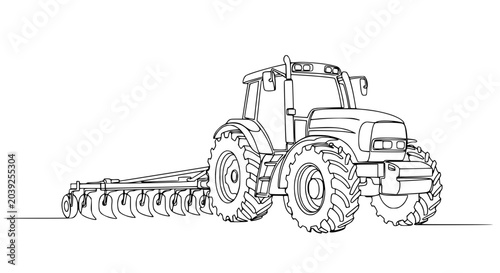 Foto Line Art Tractor with Plow - Agricultural Machinery Illustration