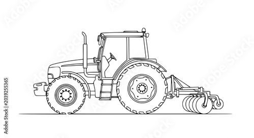 Tableau sur toile Line Art Tractor with Disc Harrow, Agricultural Machinery Illustration