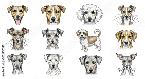 Collection of various hand drawn dog breed portraits on white background
