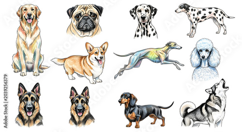 Diverse collection of artistic dog breed illustrations on white