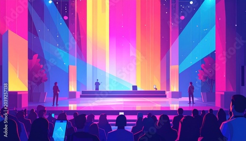 Brightly lit stage, figures, audience, colorful beams, an event is underway