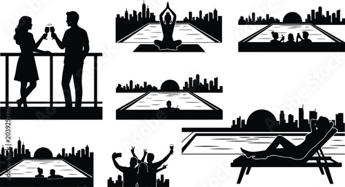 Tablou pe pânză Relaxing rooftop activities with city skyline view