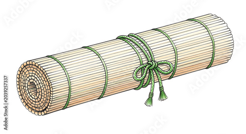 Traditional rolled bamboo mat tied with a green decorative cord