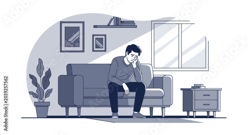 Фотография Sad man sitting on a couch.