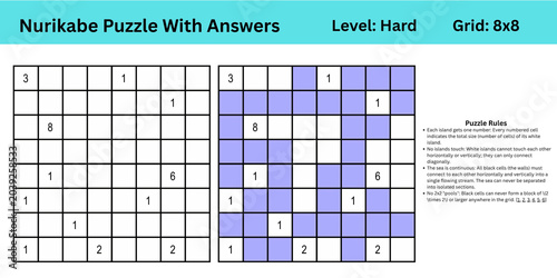 Schilderij op canvas Nurikabe Puzzle With Answers Level Hard Grid 8x8 best to enhance brain muscle me
