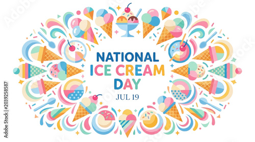 National Ice Cream Day Vector Illustration, Colorful Frozen Dessert Celebration, Sweet Summer Treat Holiday Design