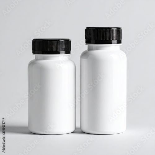 Two white pill bottles with black lids against a grey backdrop