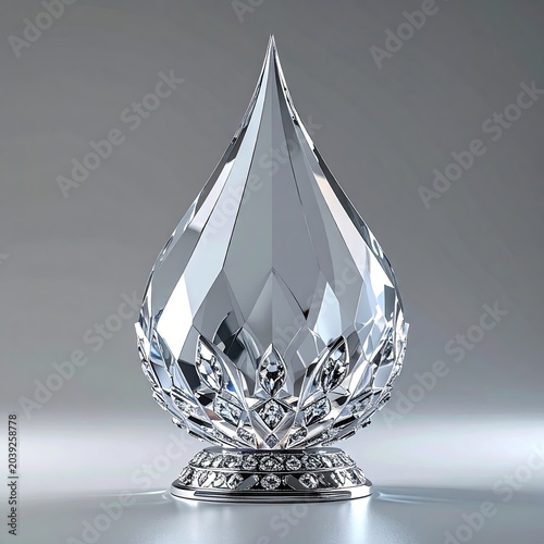 Geometric crystal teardrop sculpture on a reflective surface