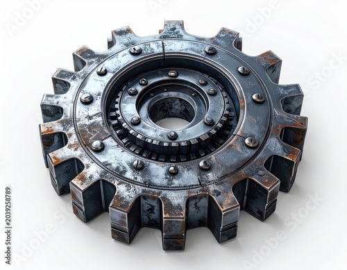 Rusty, metallic gear with inner cogwheel and rivets
