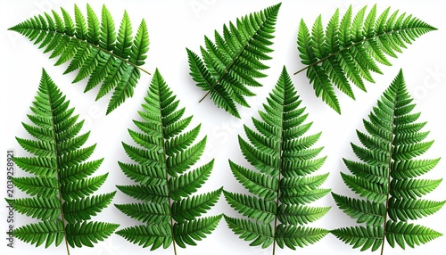 Assortment of vibrant green fern leaves on white