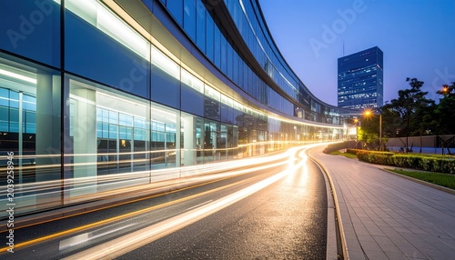 Modern architecture and car light trails at dusk