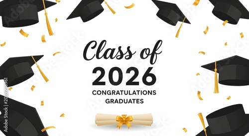 Class of 2026 congratulations graduates greeting card design with graduation caps and diploma, isolated on white background