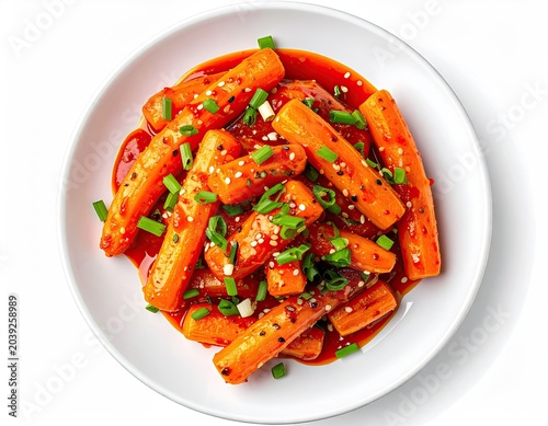 Spicy Korean rice cakes with scallions and sesame seeds
