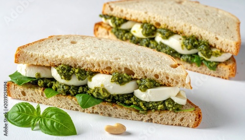 Two open-faced sandwiches with fresh pesto, cheese, and basil