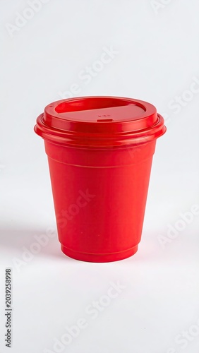 A red disposable cup with a matching lid