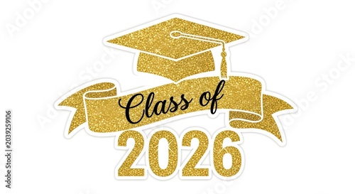 Class of 2026 gold glitter graduation design isolated on white background