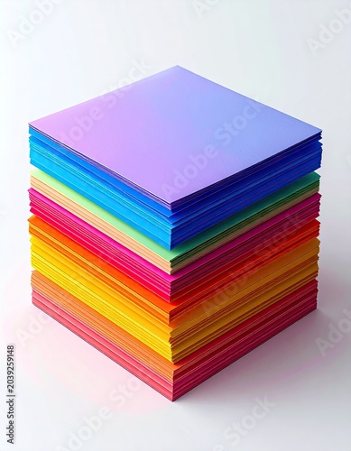 Stack of colorful square papers on white backdrop