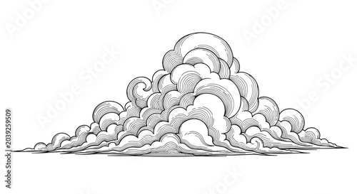Large fluffy cumulus cloud illustrated in a classic vintage engraving style with fine detailed line work on a plain white background.