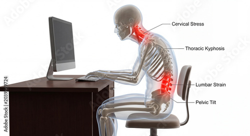 Medical illustration of poor desk posture showing cervical stress, thoracic kyphosis, lumbar strain, and pelvic tilt associated with prolonged computer use.