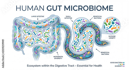 Clean infographic-style medical illustration showing the human gut microbiome and beneficial bacteria distribution within the digestive tract for educational healthcare use.