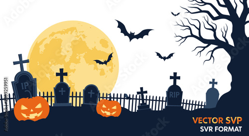 Tableau sur toile Halloween Pumpkins and Graveyard Scene.