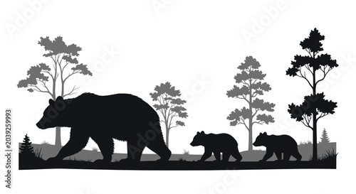 Photos Silhouette of a bear family walking.