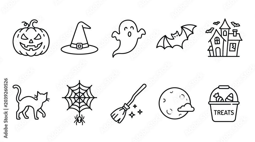 Fototapeta premium A collection of simple line art icons representing Halloween symbols and elements.
