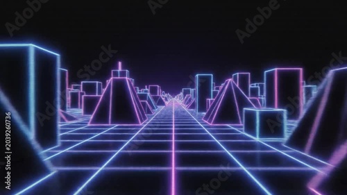 Futuristic neon city landscape with grid lines and retro synthwave aesthetic in a digital environment