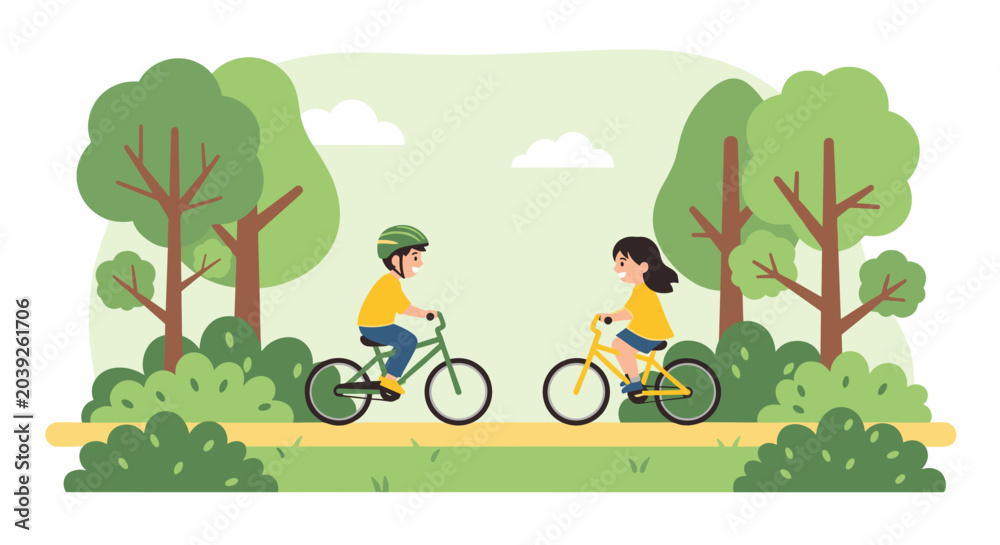 Naklejka premium Happy boy and girl riding their bicycles towards each other on a path through a lush green park with many trees and bushes.