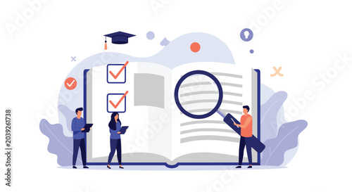 Group of tiny people reviewing a giant open book with a magnifying glass and marking items with red checkmarks for data analysis.