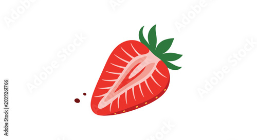 Cross-section view of a ripe red strawberry showing the internal pattern and seeds with a green stem on a plain white background.