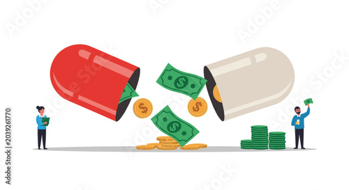Large red and white medical capsule split open with dollar bills and coins falling out as people collect the money near green stacks.
