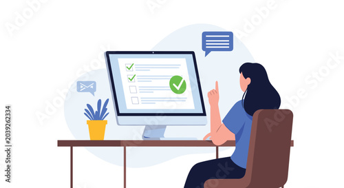 Woman sitting at a desk working on a computer screen displaying a completed checklist with a large green checkmark.