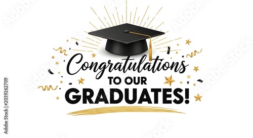 Congratulations to our graduates banner with a black graduation cap and gold stars isolated on white background