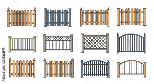Collection of twelve different fence and gate designs in various materials, colors, and patterns for landscaping and property boundary ideas.