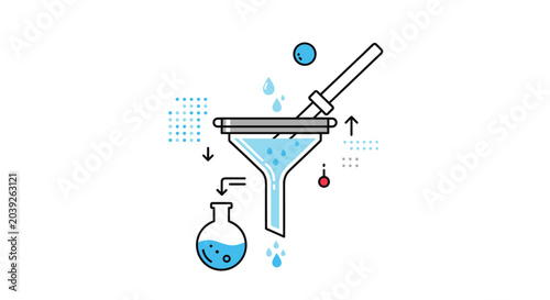 Conceptual illustration of a funnel filtering liquid into a flask representing data processing, scientific research, or a filtration system design.
