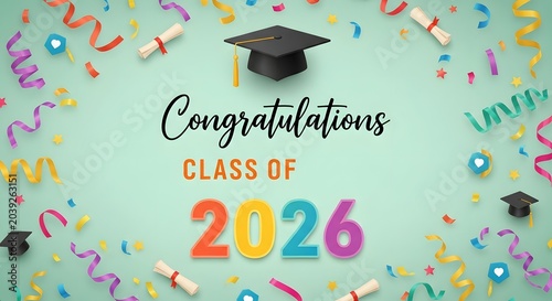 Congratulations class of 2026 graduation background with colorful confetti, streamers, mortarboard caps, and diplomas