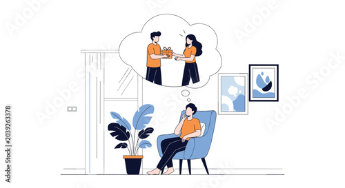 Man sitting comfortably in a blue armchair at home thinking about giving a wrapped gift to his partner in a thought bubble.