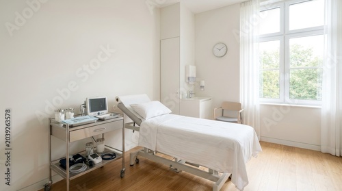 Hospital room with empty hospital bed.