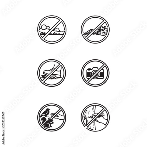 Collection of six prohibition icons including no sleeping on grass, no shoes, no photography, no feeding birds, and no loud noise. Ideal for park, garden, and public signage use.