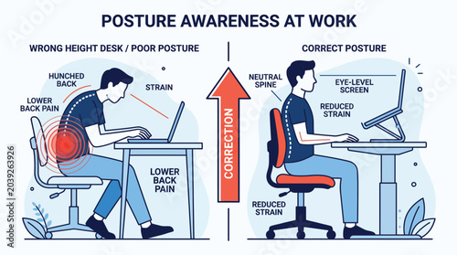 Posture Awareness at Work Infographic Illustrating Correct Ergonomics vs Poor Sitting Position for Back Pain Prevention