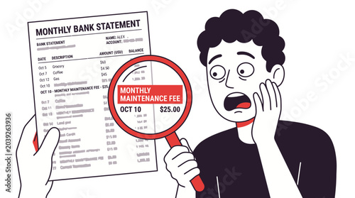 Shocked Man Reviewing Monthly Bank Statement Finding Hidden Monthly Maintenance Fee Charges Illustration