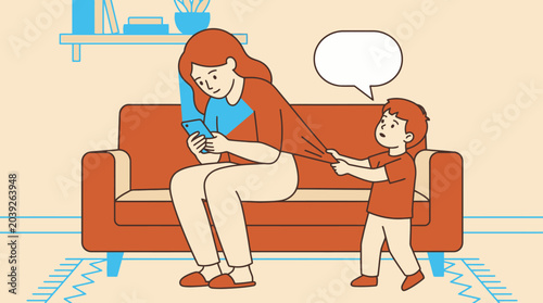 Mother distracted by smartphone while child seeks attention phubbing and digital distraction parenting concept illustration