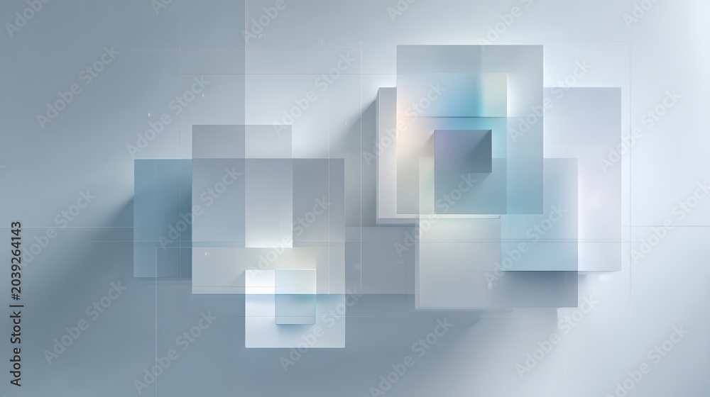 Fototapeta premium Abstract modern background with translucent overlapping glass squares and glowing light effects in light blue and white tones.