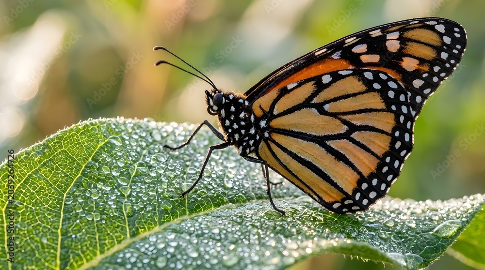 Fototapeta premium Monarch Butterfly Resting On Green Leaf